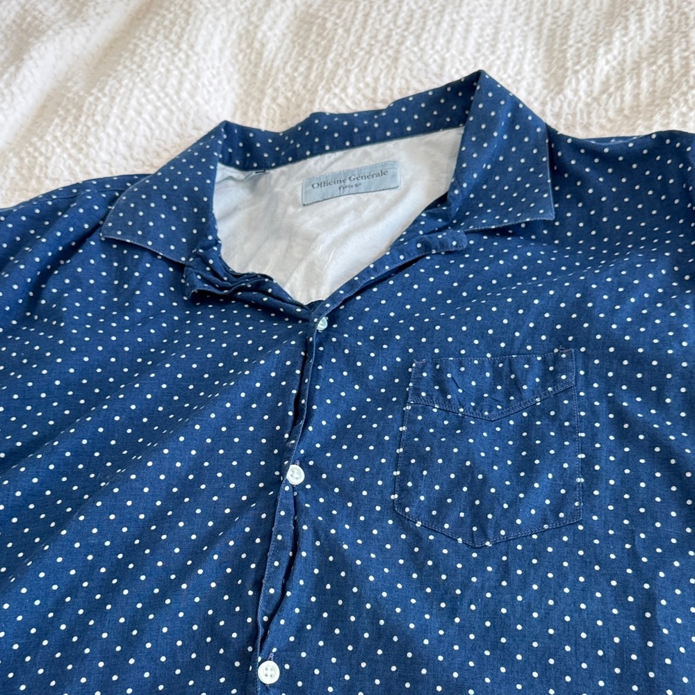 Officine Generale Men's Navy Polka Dot Button Down Short Sleeve Shirt